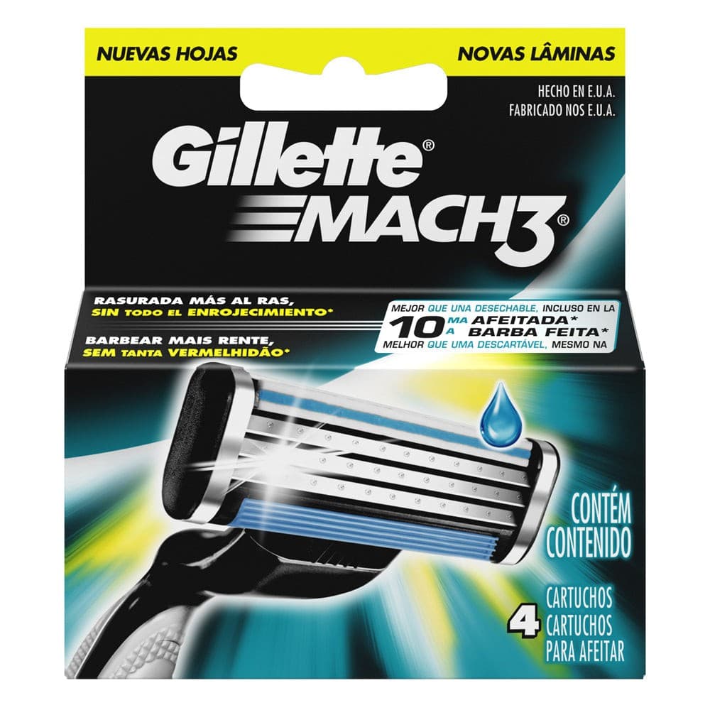 Gillette Mach-3 Cartuchos P/afeitar 3 Hojas Cja. C/4 Pzs.