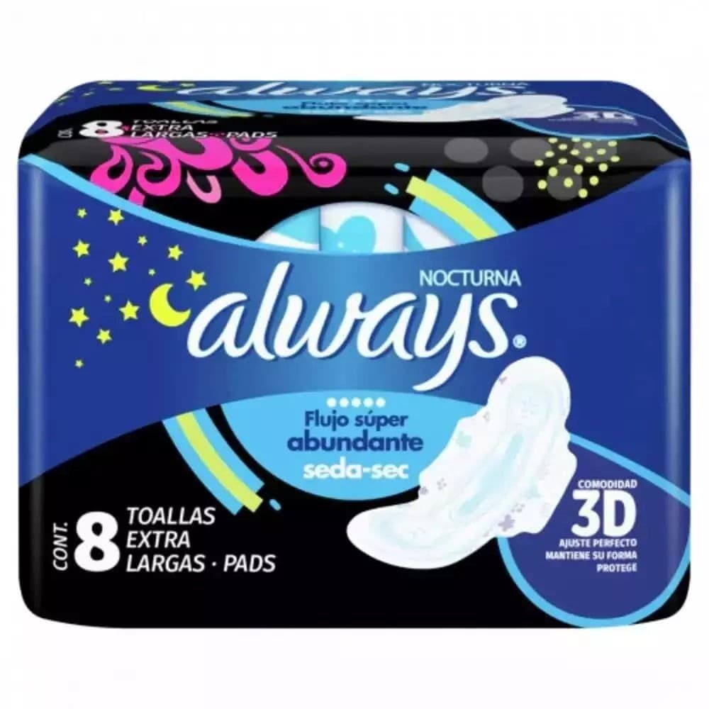 Always Nocturna Flujo S. Abundante con Alas C/8 Toallas Ex-largas.
