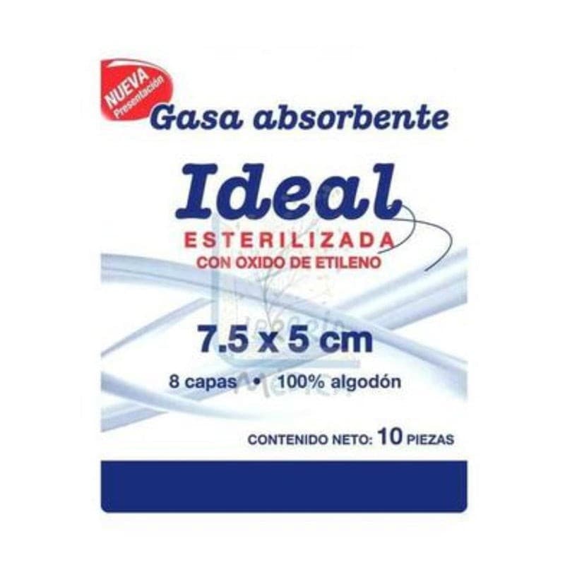 Gasa Absorbente Estéril (ideal) 7.5x5cm. T20x12, 8c. Bolsa C/10 Sobs.