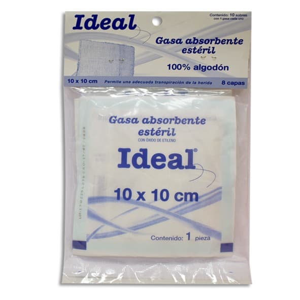 Gasa Absorbente Estéril (ideal) 10x10cm. T20x12, 8c. Paq. C/10 Sobs.