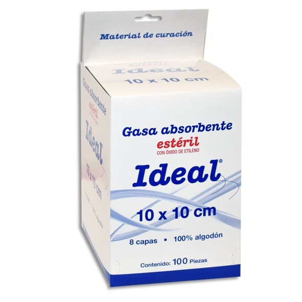 Gasa Absorbente Estéril (ideal) 10x10cm. T20x12, 8c. Exhib. C/100 Sobs.