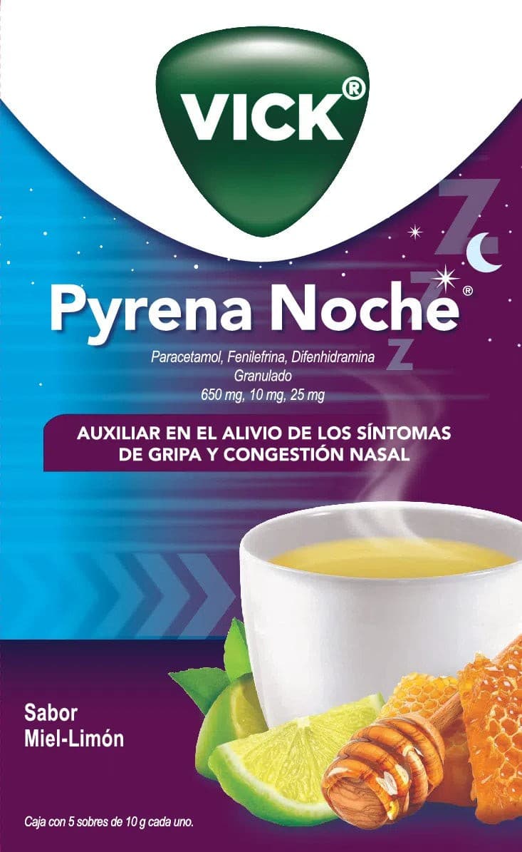 Vick Pyrena Noche Sab. Miel-limón C/5 Sobs. 10 G. Granulado 650/10/25 Mg.