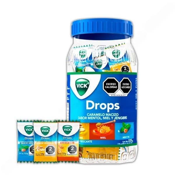 Vick Drops Sabs. Mentol, Miel y Jengibre Vitrolero C/125 Pastillas 1.8 G.