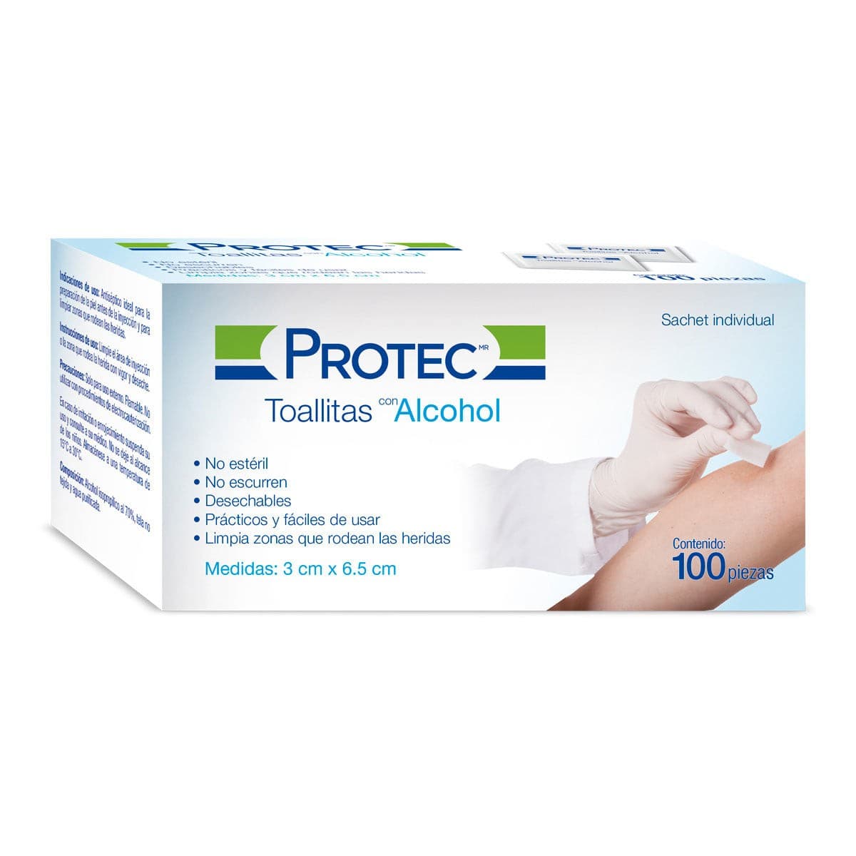 Toallitas de Alcohol (protec) 3 X 6.5cm. Cja. C/100 Pzs.