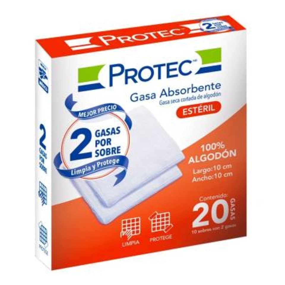 Gasa Absorbente Estéril (protec) 10x10cm. T20x12, 8c. Cja. C/10 Sobs. C/2 Pzs.