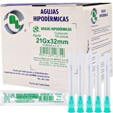 Aguja Hipodérmica (dl) 21gx32mm. Cja. C/100 Pzs.