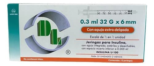 Jeringa 0.3ml. (dl) Insulina C/aguja Integrada 32gx6mm. C/1 Pza.