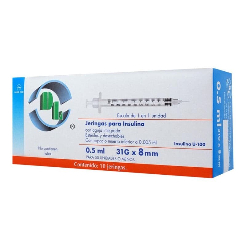 Jeringa 0.5ml. (dl) Insulina C/aguja Integrada 31gx8mm. C/10 Pzs.