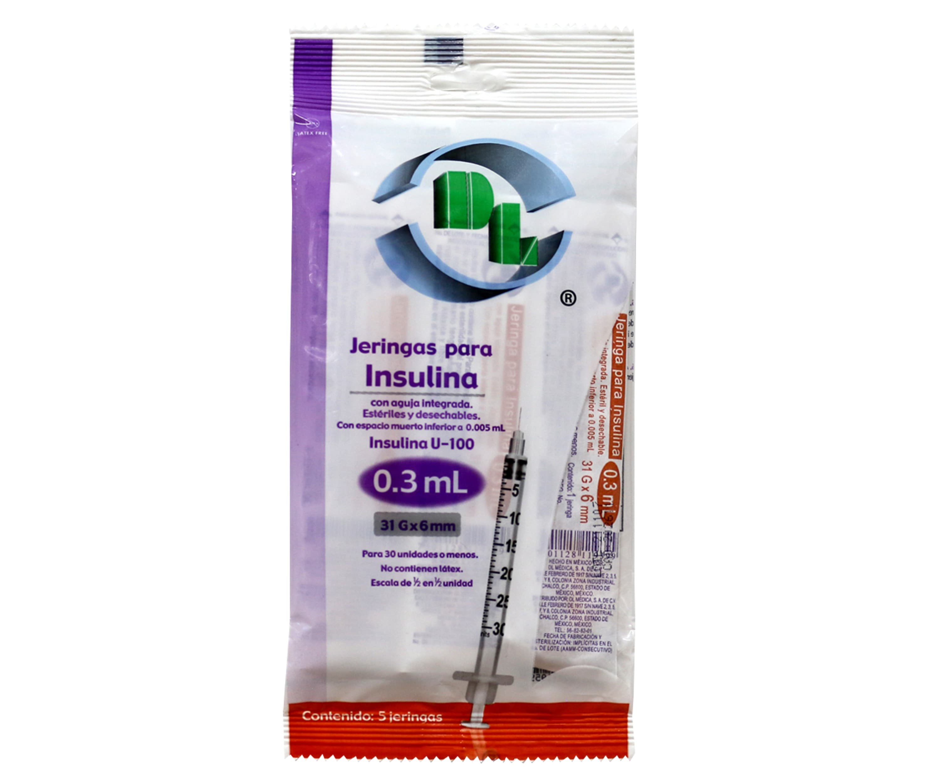 Jeringa 0.3ml. (dl) Insulina C/aguja Integrada 31gx6mm. C/ 5 Pzs.