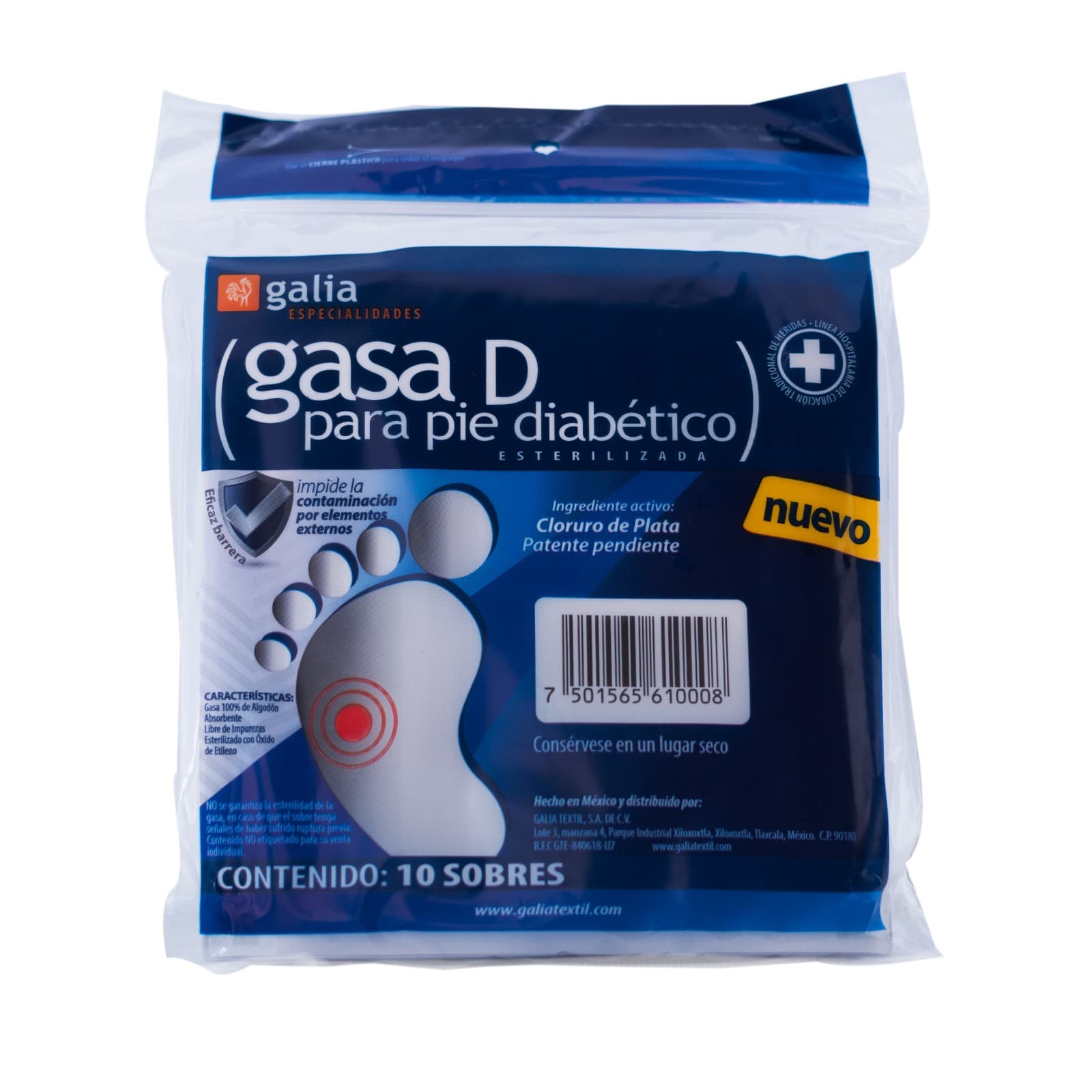 Gasa Compuesta "d" para Pie Diabético (galia) Estéril 10x10cm. Bolsa C/10 Sobs.