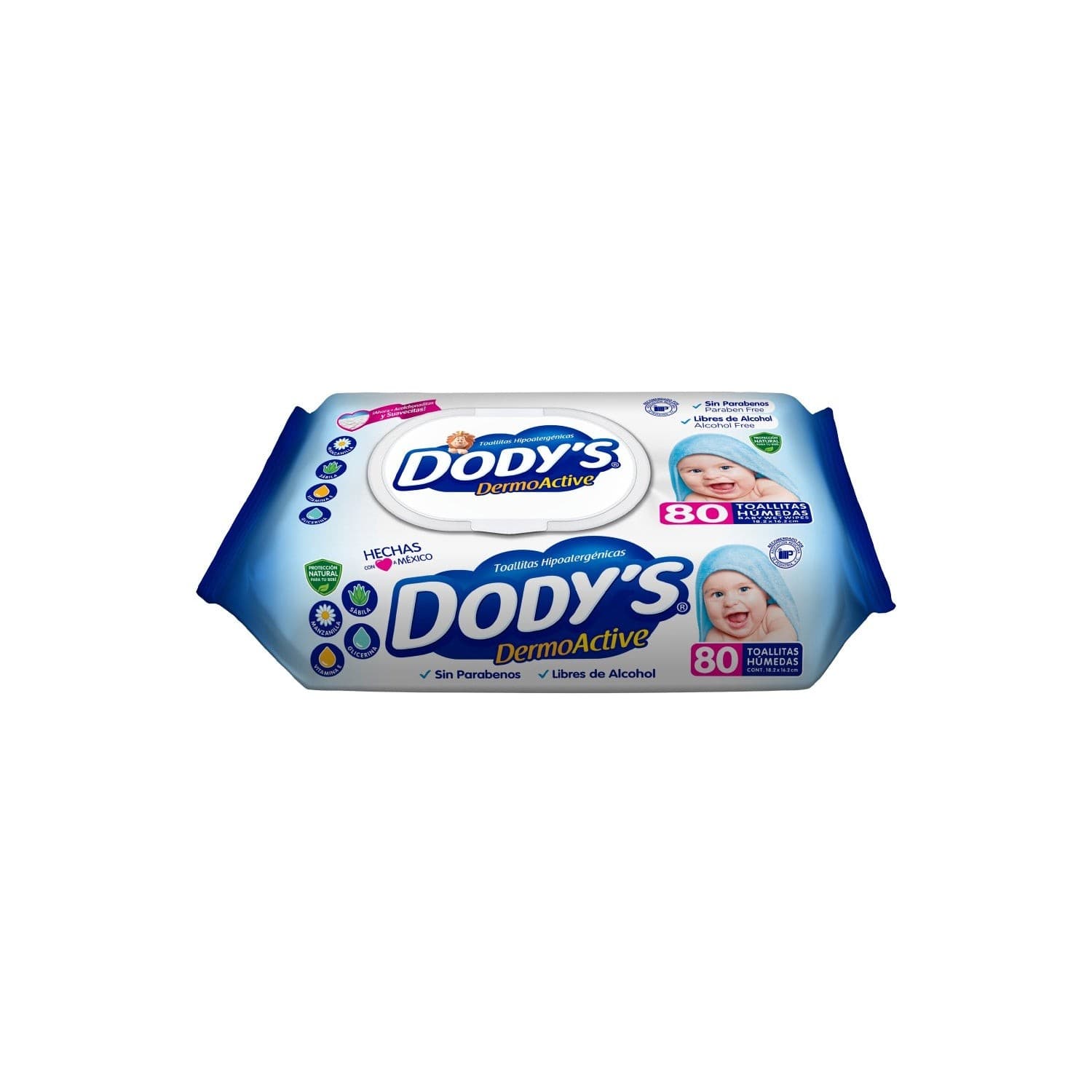 Dodys Dermo Active (azul) Toallitas Húmedas 18.2x16.2cm. Paq. C/ 80 Pzs.