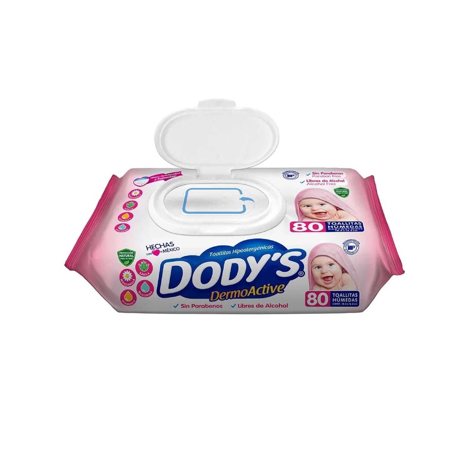Dodys Dermo Active (rosa) Toallitas Húmedas 18.2x16.2cm. Paq. C/ 80 Pzs.