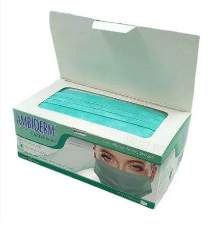 Cubrebocas Adulto Dchble. 3 Pliegues Col. Verde (ambiderm) Cja. C/50 Pzs.