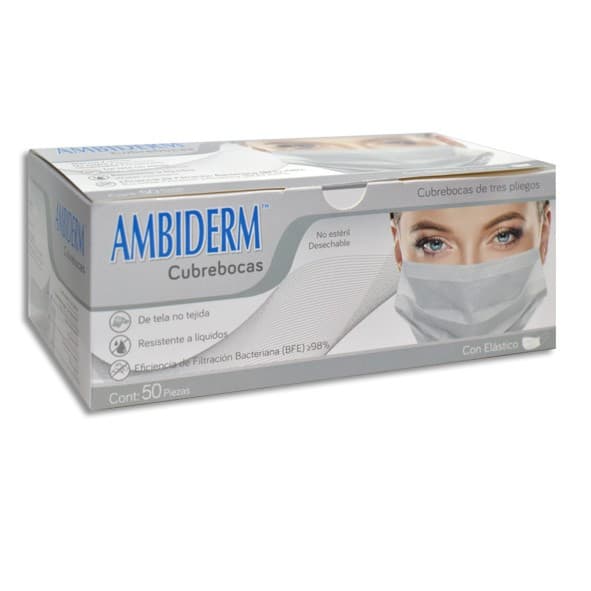 Cubrebocas Adulto Dchble. 3 Pliegues Col. Blanco (ambiderm) Cja. C/50 Pzs.