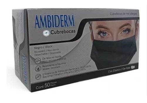 Cubrebocas Adulto Dchble. 3 Pliegues Col. Negro (ambiderm) Cja. C/50 Pzs.