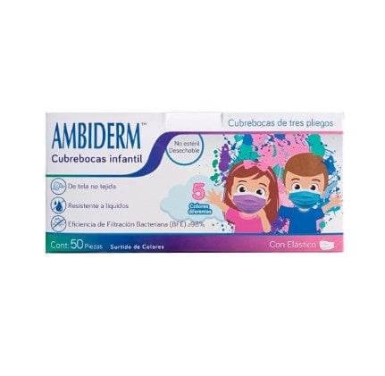 Cubrebocas Infantil Dchble 3 Pliegues Cols. Surtidos (ambiderm) Cja C/50 Pzs.