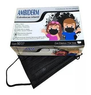 Cubrebocas Infantil Dchble. 3 Pliegues Col. Negro (ambiderm) Cja. C/50 Pzs.