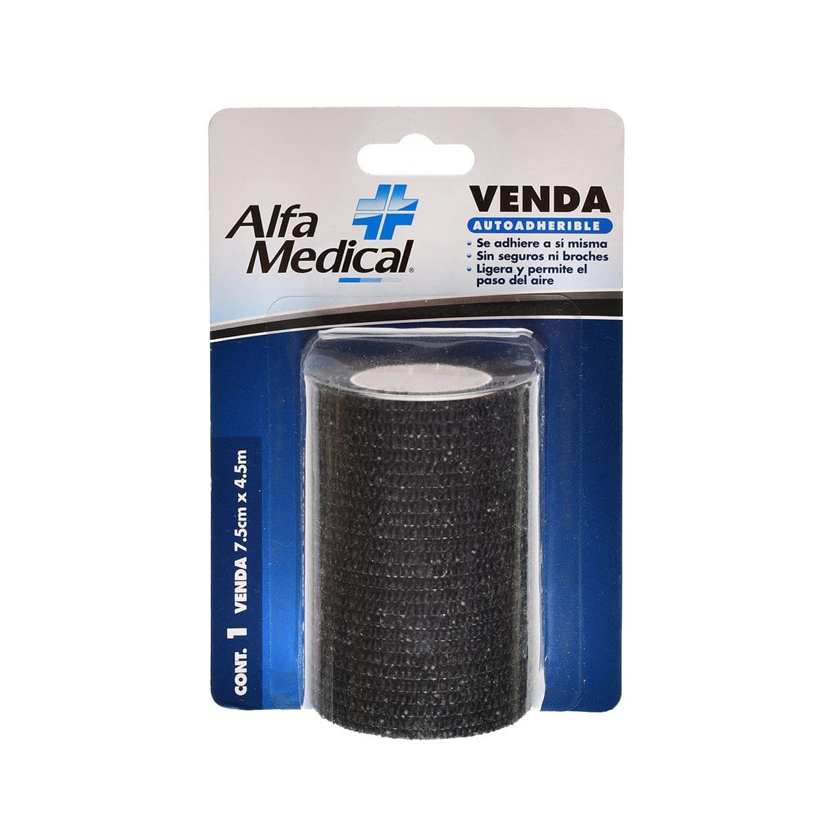 Venda Autoadherible (alfa Medi) Col. Negro 7.5cm. (3") X 4.5m. Blister C/1 Pza.