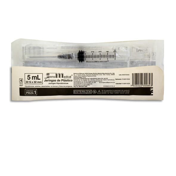 Jeringa 5 Ml. (sensimedical) C/aguja 22gx32mm. C/1 Pza.