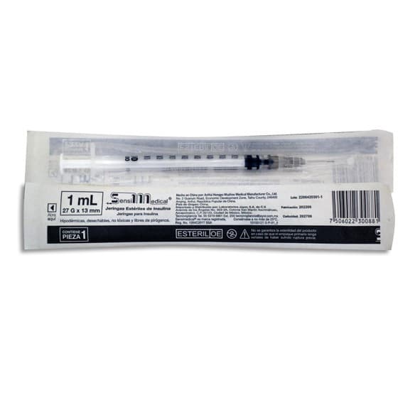 Jeringa 1ml. (sensimedical) Insulina C/aguja Desmontable 27gx13mm. C/1 Pza.