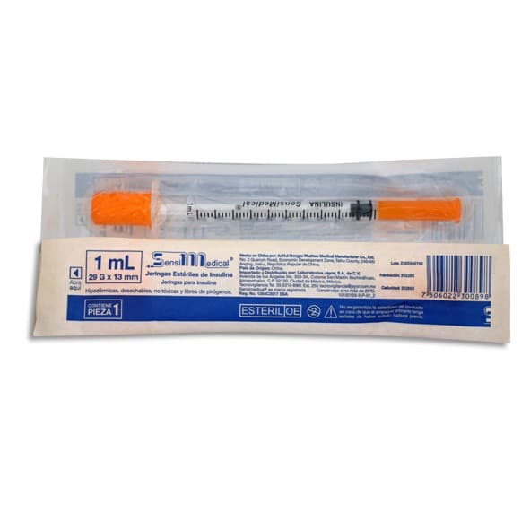 Jeringa 1ml. (sensimedical) Insulina C/aguja Integrada 29gx13mm. C/1 Pza.