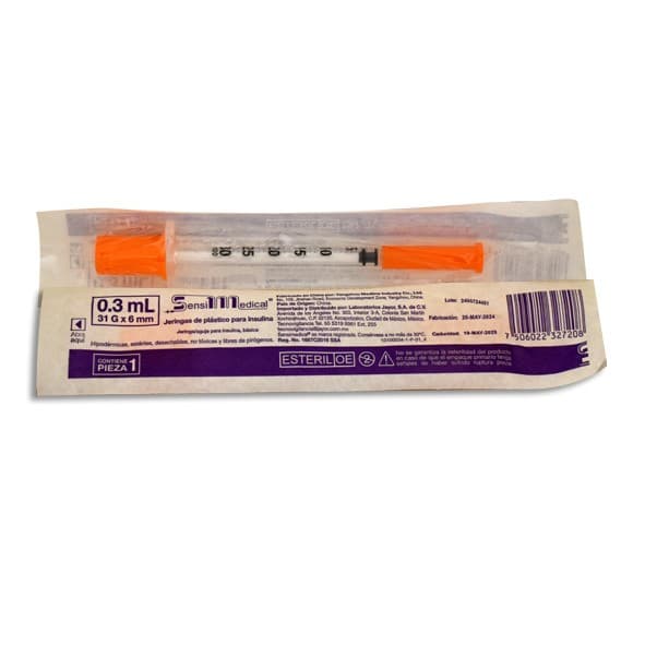 Jeringa 0.3ml. (sensimedical) Insulina C/aguja Integrada 31gx6mm. C/1 Pza.