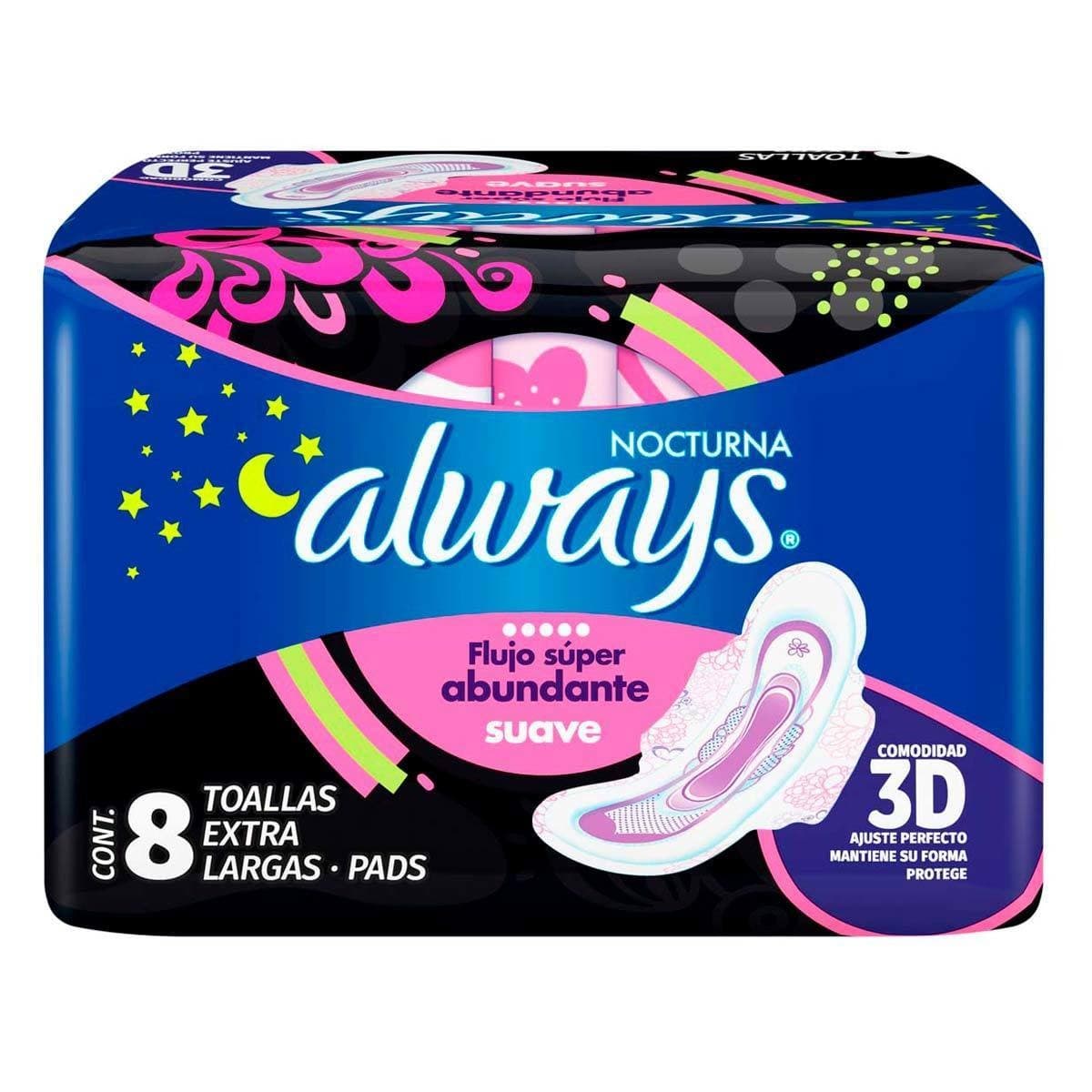 Always Nocturna Suave con Alas/flujo Súper Abundante C/8 Toallas Ex-largas.
