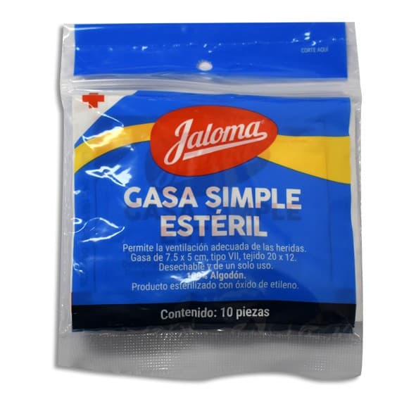 Gasa Simple Estéril (jaloma) 7.5x5cm. T20x12, 8c. Bolsa C/10 Sobs.