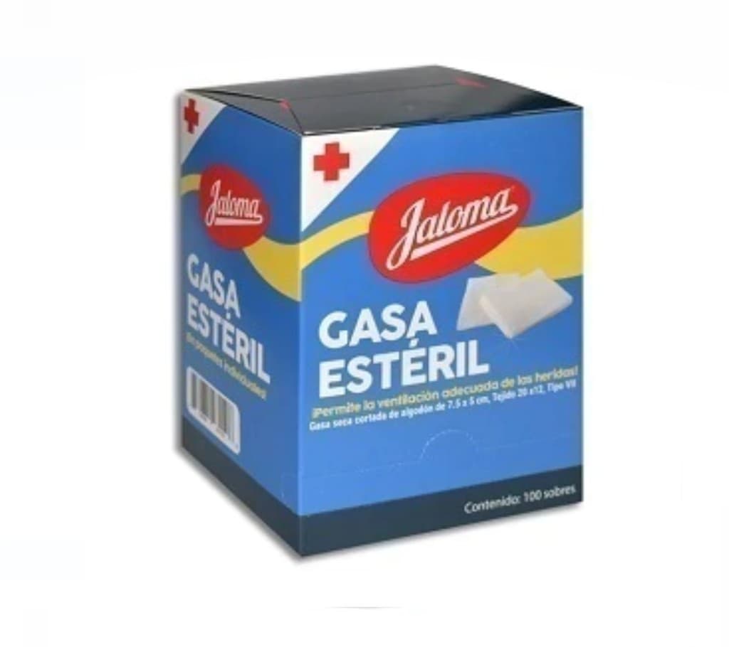 Gasa Simple Estéril (jaloma) 7.5x5cm. T20x12, 8c. Caja C/10 Sobs.