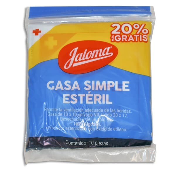 Gasa Simple Estéril (jaloma) 10x10cm. T20x12, 8c. Bolsa C/10 Sobs.