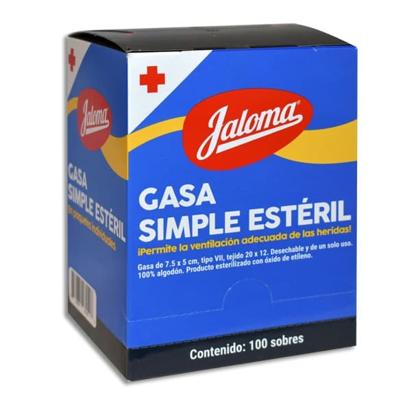Gasa Simple Estéril (jaloma) 7.5x5cm. T20x12, 8c. Exhib. C/100 Sobs.
