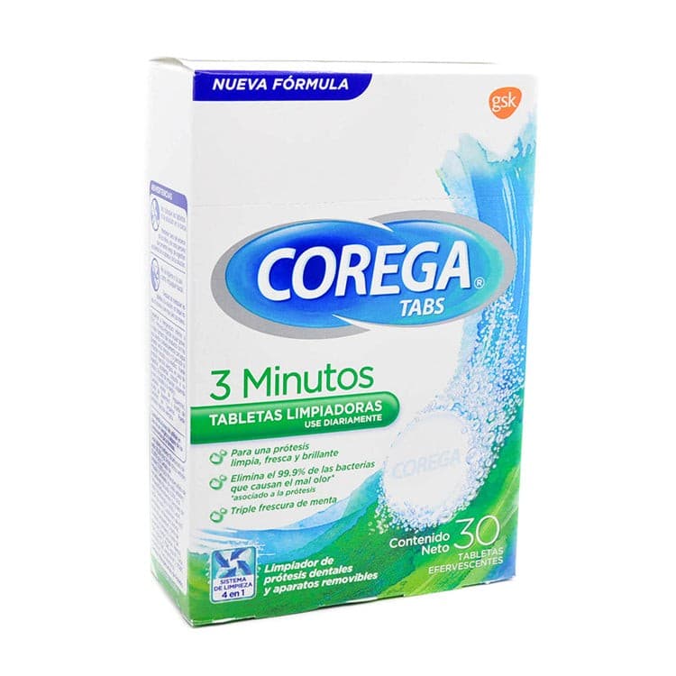Corega Tabs 3 Minutos Menta Fresca C/30 Tabs. Eferves.